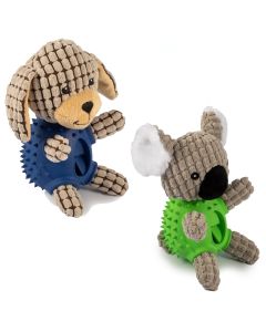 Jouet multi-textures avec ventre en caoutchouc cachant des friandises